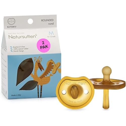 Natursutten 2-Pack Natural Rubber Pacifiers - Safe & Soft BPA-Free Pacifier for Breastfeeding Babies, Made in Italy, Butterfly Shield Round Nipple, 6-12 Months