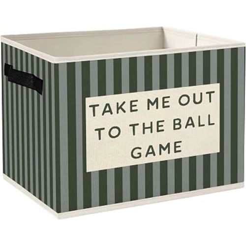 Vintage Baseball Nursery Storage Bins Box with Handles, Take Me Out to the Ball Game Green Striped Foldable Collapsible Basket Organizer for Books Clothes Boys Sports Room Bedroom Bathroom