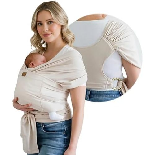 TAB Baby Wrap Ring Sling Carrier, Newborn to Toddler, Adjustable Ergonomic Design for Mom & Dad, Soft Breathable One-Handed Nursing Cover, Baby Shower & Registry Gift, Beige & Gold Rings