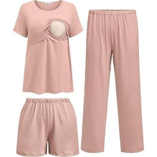 Ekouaer 3 Piece Postpartum Nursing Pajamas Set Short Sleeve Breastfeeding Shirts Pregnancy Shorts & Pants Maternity Pjs Pink L