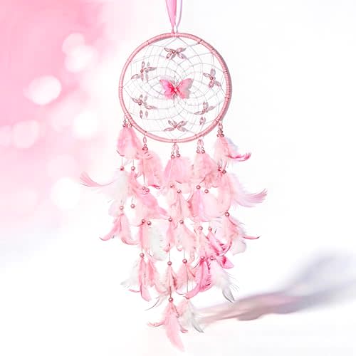 Dream Catcher for Girls,Pink Wall Decor,Decorative Box with Raffia | Pink & white feathers, clear beads, decorative box with raffia. Pretty pink dreamcatcher for bedroom/nursery decor.