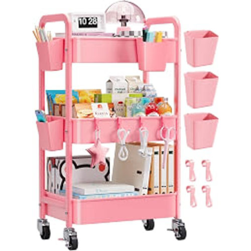 Amazon.com: 3 Tier Rolling Cart with Wheels, Metal Utility Storage Cart on Wheels, Craft Carts Organizer with Hanging Cups, Hooks, Three Tiered Rolling Carts for Bathroom, Laundry Room, Nursery, Office, Pink