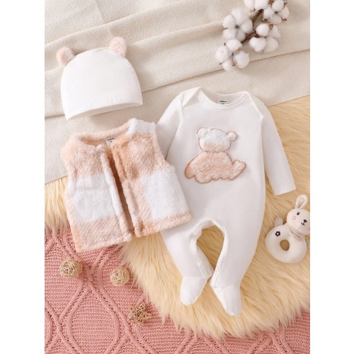 3pcs Newborn Baby Pink & White Bear Pattern Long Sleeve Romper, Vest & Hat Set, Home Outfit Fall Winter | SHEIN USA