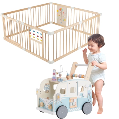Woodland Wander Play Bundle – Wooden Push Walker & Adjustable Playpen