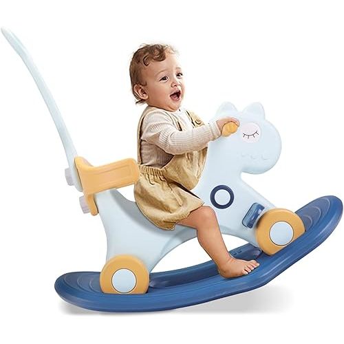 4 in 1 Rocking Horse, Balance Bike Ride On Toys with Push Handle, Backrest and Balance Board for Baby Girl and Boy (Blue)