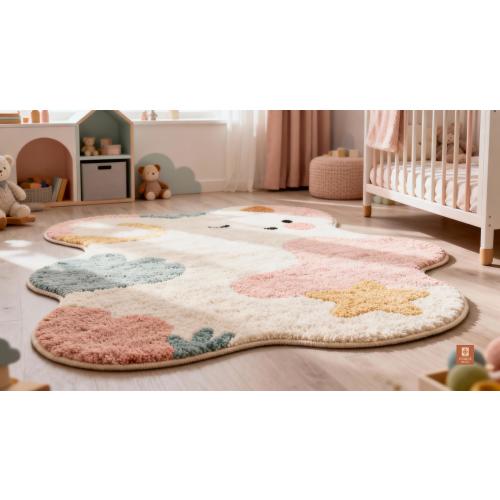 Hand Tufted Wool Rug Unique Cloud Star Nursery Decor Pastel Kids Room Floor Carpet