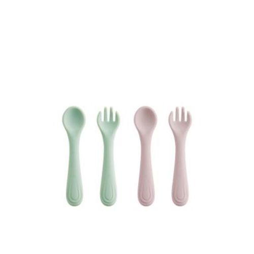 Bc Babycare Silicone Fork and Spoon Set, 4 pcs, 2 Sets, Self Feeding Learning, Utensils Soft Grip BPA-Free with Travel Case, Pink and Green