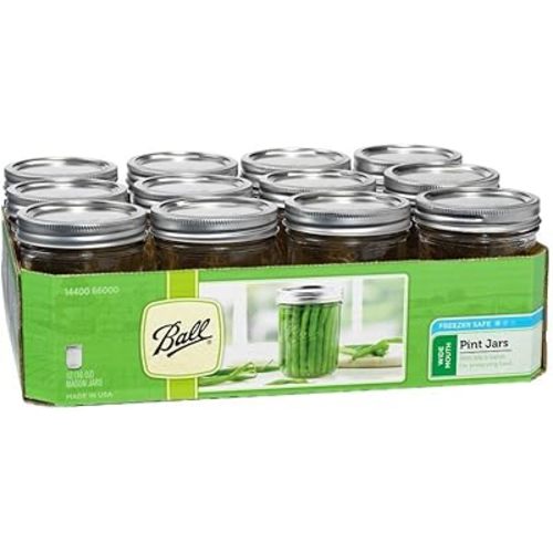 Ball Wide Mouth Pint 16-Ounce Glass Mason Jar with Lids and Bands, 12-Count