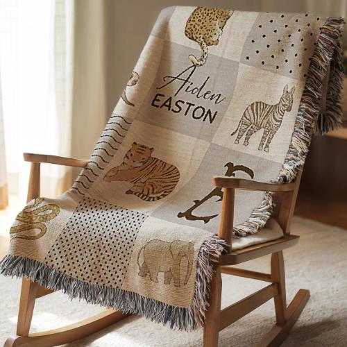 Safari Baby Woven Blanket with Name Patchwork Fringe Blanket Jungle Animals Blanket Monogrammed Crib Bedding Toddler Security Blanket