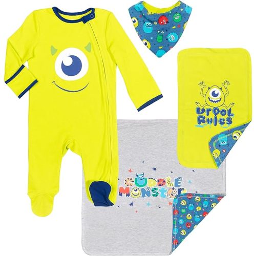 Disney Winnie The Pooh,Lion King,Pixar Monsters Inc. Baby Sleep N' Play Coverall Bib Blanket and Burp Cloth 4 Piece Set - 0-6 Months - Blue/Green