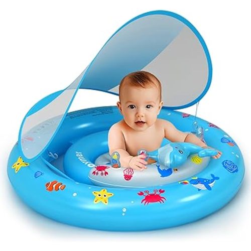 Baby Pool Float with UPF50+ Sun Protection Canopy, Inflatable Swim Floatie with Animal Toy Play Console and Hand Air Pump, No Flip Over Swimming Floaty for Infants & Toddlers 6-36 Months