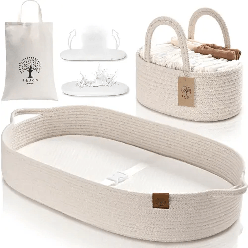 Baby Changing Basket Includes Diaper Caddy - Soft & Waterproof Dual-Cover, Portable, Changing Pad for Dresser & Changing Table, Gift for Baby Shower, Organic Cotton Rope