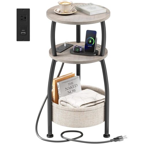 Yuede Side Table with Charging Station, Small Round End Table with Basket