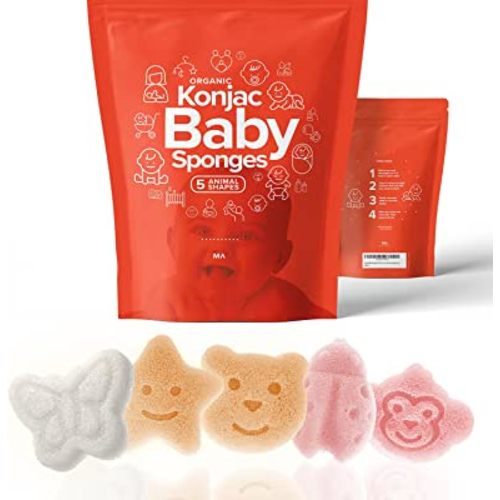 Konjac Baby Sponge for Bathing | Natural Cute Shapes | Kids Bath sponges for Infants | Toddler Bath time | Safe Organic Plant-Based | 5pcs Set : Bear, Monkey, Butterfly, Ladybug, Star