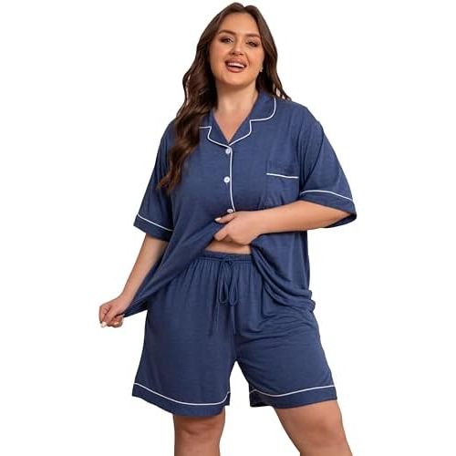 Vozanet Women Button Down Pajama Sets Summer Rayon Sleepwear Plus Size Classic Loungewear 2pcs Shirt & Shorts Nighty PJS