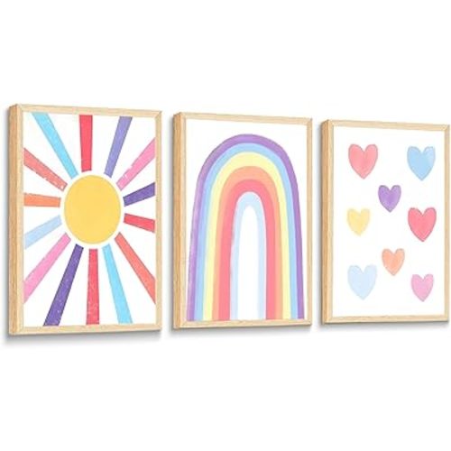 3Pcs Nursery Wall Art Boho Canvas Prints Mid-Century Modern Sun Rainbow Hearts Poster Children's Room Pictures Decoration Painting for Kids Nursery Classroom Bedroom Wall Decor 12x16in Unframed