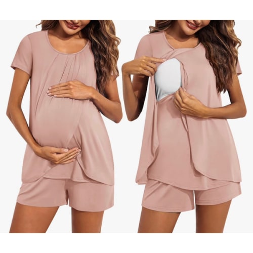 Ekouaer Women's Maternity Nursing Pajamas Set Breastfeeding Sleepwear Double Layer Short Sleeve Top & Shorts Nursing Pjs