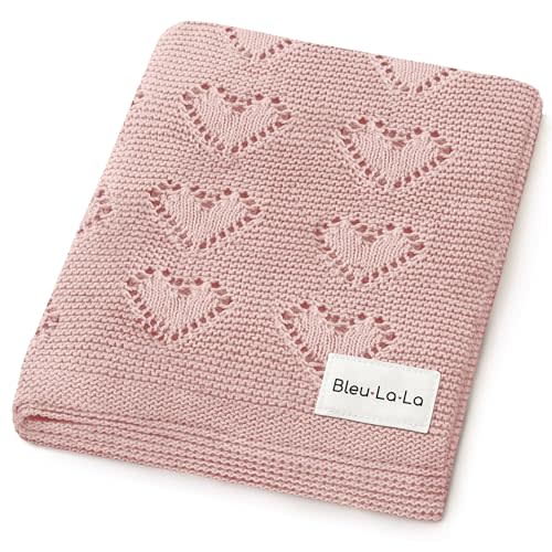 Bleu La La Heirloom Knit Heart Swaddling Blanket for Girls - 100% Luxury Cotton Baby Blanket - Soft Warm Swaddle Receiving Crib Receiving Blanket for Newborns Infants & Toddlers (Pink)