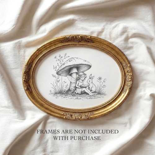 Woodland Fairy and Bunny Reading Poster - Vintage Mushroom Sketch Art, Cottagecore Nursery Decor, Whimsical Storybook Reading Nook Print