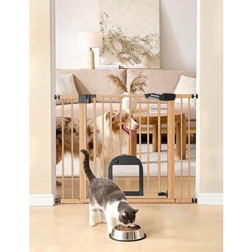 Babelio CatPrivilege Ⅲ Baby Gate with Cat Door, 29"-43" Adjustable Brown Wood Pattern Pet Door, 30" Tall Pressure Mounted Safety Gate for Stairs & Doorways, Auto Close,Wall Protectors Included
