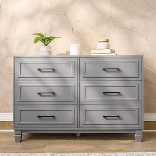 Grey Dressers for Bedroom, 6 Drawer Wood Chest, Wide Farmhouse Dresser
