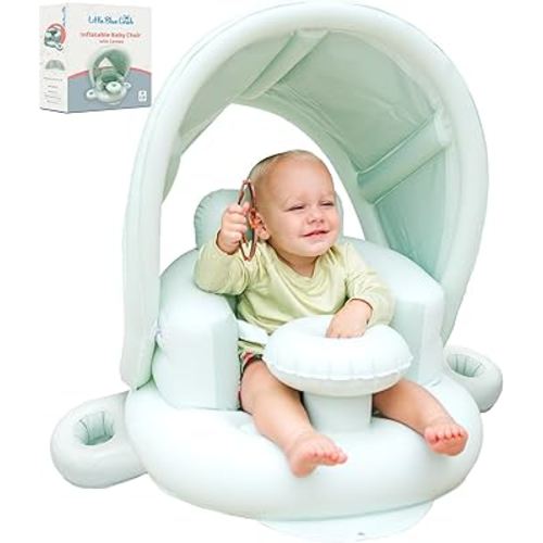 Blow Up Inflatable Baby Seat for 3-36 Months w/Built-in Pump & Detachable Canopy, Sit Me Up Floor Seat for Baby w/Safety Straps, Inflatable Infant Chair (Canopy + Cup Holders) is Ideal Winter Gift