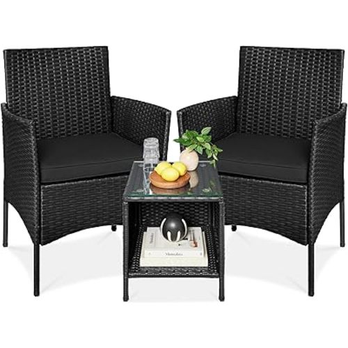 Best Choice Products 3-Piece Outdoor Wicker Conversation Bistro Set, Space Saving Patio Furniture for Garden w/Side Table - Black/Black