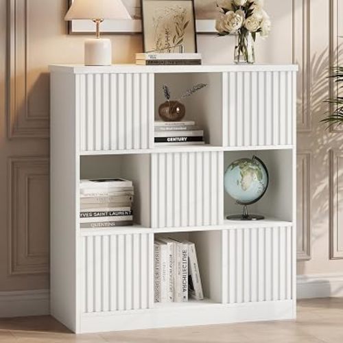 Cube Storage Organizer with Sliding Doors, Wooden Bookshelf Storage Cabinet, 9 Cube Bookcase Organizer for Living Room Bedroom Office, White