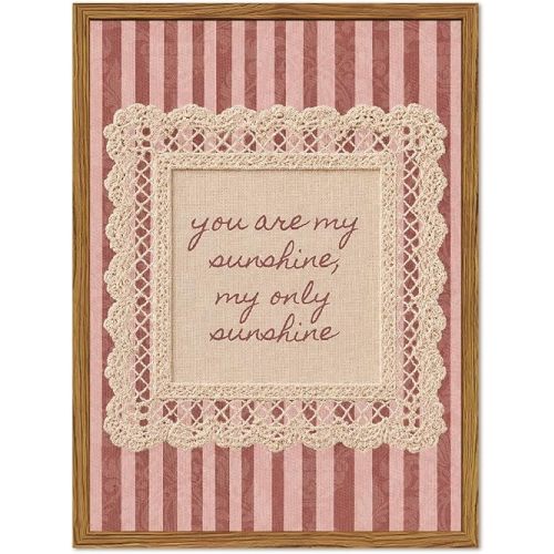 Framed You Are My Sunshine Wall Art, Vintage Pink Nursery Inspirational Quote Pictures Wall Decor, Coquette Lace Striped Paintings Canvas Prints for Girl Baby Kids Bedroom Living Room 12x16 inch