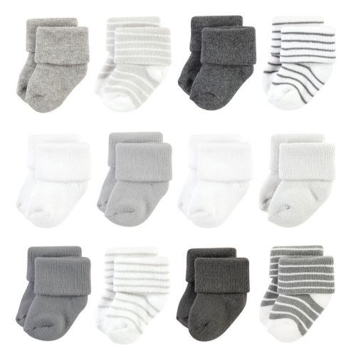 Hudson Baby Infant Boy Cotton Rich Newborn and Terry Socks, Gray Stripe 12 Pack