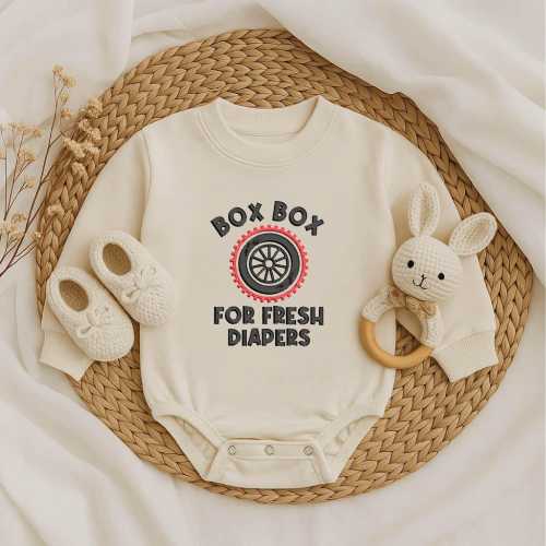 Box Box for Fresh Diapers Embroidered Romper – Funny F1 Baby Outfit, Racing Baby Bodysuit, Formula One Inspired Gift