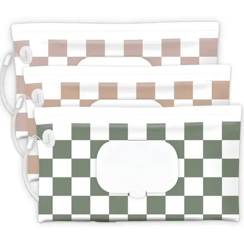 Baby Wipe Holder, 3-Pack Portable Refillable Wipe Dispenser, Waterproof & Dustproof Travel Baby Wipes Case, Reusable Diaper Wipe Container with Checkerboard Design