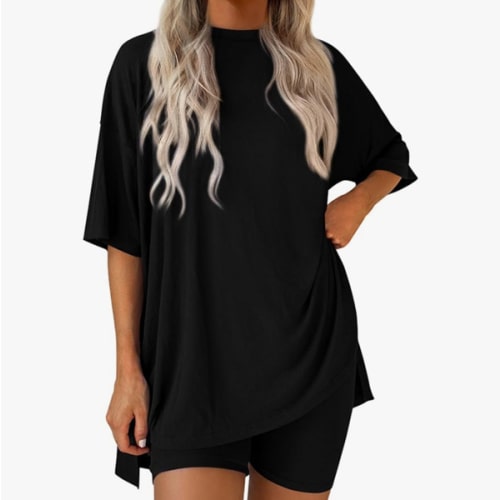 PRETTYGARDEN Women's Two Piece Lounge Set 2025 Summer Casual Oversized Shirts Biker Shorts Matching Airport Travel Outfit