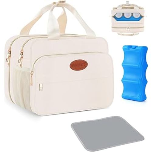PIIOSER Insulated Baby Bottle Bag with Ice Pack, Breastmilk Cooler Compatible with Wearable Breast Pumps & Accessories - Baby Cooler Travel Bag for Nursing & Working Moms, Cream