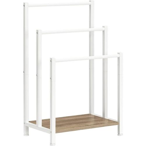 HOOBRO Free Standing Towel Rack, 3 Tier Blanket Rack, Blanket Holder for Bathroom, 16.9" L x 11" W x 31.9" H, Industrial Metal Drying and Display Rack with Shelf, White and Grey WG03LB01
