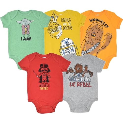 STAR WARS Chewbacca C-3PO R2-D2 Darth Vader Yoda 5 Pack Short Sleeve Bodysuits Newborn to Infant
