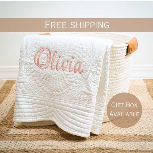 Personalized Baby Blanket with Name. Custom Embroidered Quilt for Baby Girl or Boy, Baby Shower Gift (36" by 46", 100% Cotton)