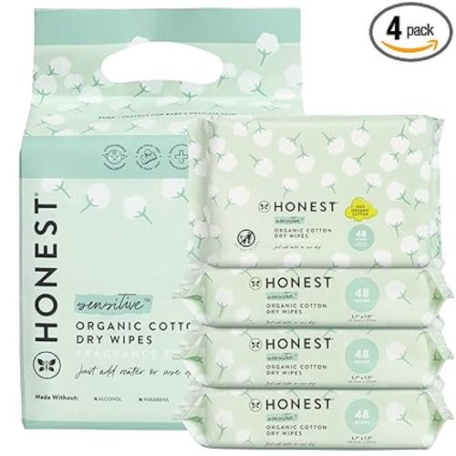 The Honest Company 100% Pure Organic Cotton Dry Wipes, Multi-Use Disposable Facial Cloths and Baby Wipes, Hypoallergenic and Gentle on Skin, 192 Count