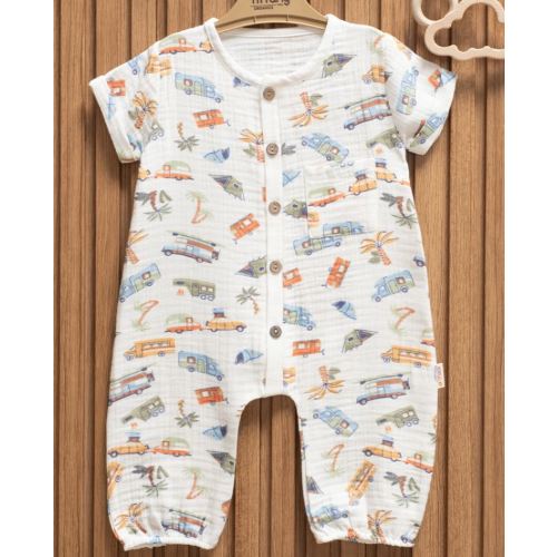 Muslin Camper Print Baby Romper – 100% Cotton Summer Outfit – Finn + Emma