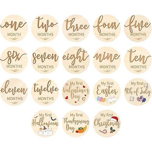 Capoda 18 Pcs Baby Monthly Milestone Cards My First Holiday Milestone Signs 1-12 Months Holiday Wooden Circles Announcement Discs for Boy Girl Photography Photo Baby Shower Newborn Keepsake Gift