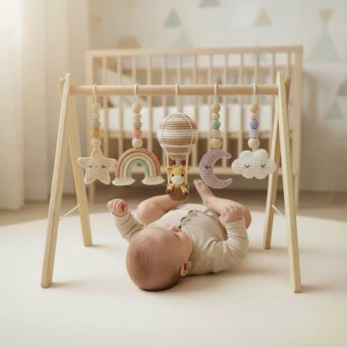 Handmade Baby Play Gym Toys, Custom Crochet Safari Baby Gym Hanging Toys, Montessori Wooden Baby Gym Set, Neutral Nursery Decor, Baby Gift