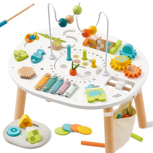 Giant bean® Wooden Activity Table for 1 Year Old, 11-in-1 Montessori Learning Table with Bead Maze, Shape Sorter, Fishing Game & More – Sensory Development Toy for Toddlers, Ideal 1st Birthday Gift