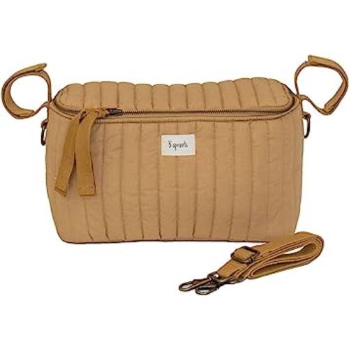 3 Sprouts Universal Quilted Stroller Organizer with Cup Holder and Zip Top - Durable Stroller Caddy Accessory with Storage - Shoulder Strap Converts Organizer to Small Diaper Bag, Mustard