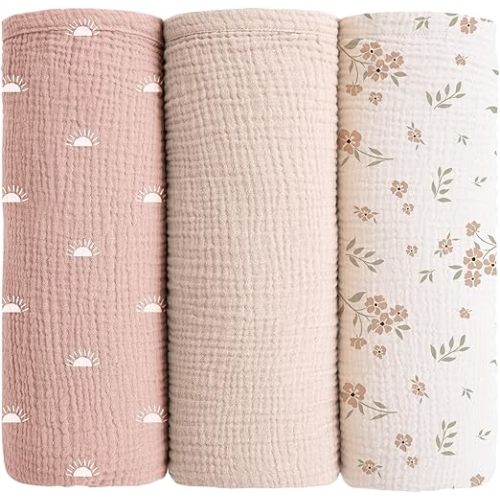 Konssy Muslin Swaddle Blankets for Baby Girls Boys, 3 Pack Receiving Blanket Large 47 x 47 inches, Soft Breathable Muslin Baby Blanket for Unisex Newborn (Peach Blossom Sun)