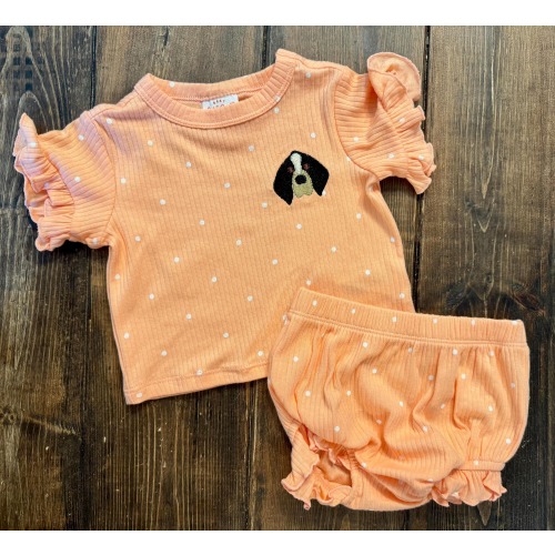 Embroidered Coonhound Tennessee Peach Dot Ruffle Set Embroidery