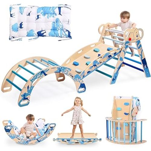 wingyz 8-in-1 Pikler Triangle Set-Wooden Baby Climbing Toys with Cushion,Arch, Ramp & Ladder | Montessori Toddler Climber Indoor Jungle Gym for Kids (Blue)