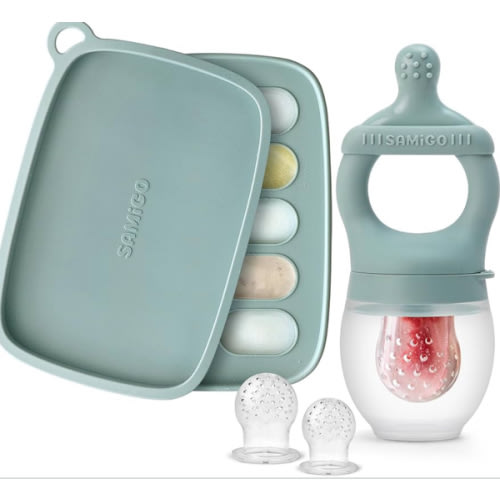SAMiGO Baby Food Fruit Feeder and Breastmilk Popsicle Mold Set, Silicone Fruit Teether, Food Feeder Pacifier for Teething Relief, Freezer Tray, Baby Feeding Essentials, 4 Months+