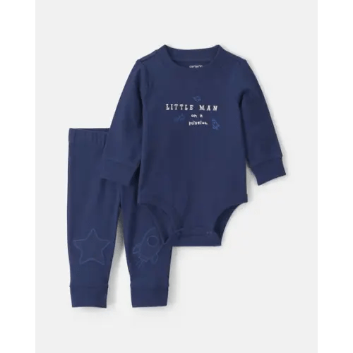 Baby Boy 2-Piece 'Little Man On a Mission' Space Long-Sleeve Bodysuit & Pant Set - Navy Blue | Carter's