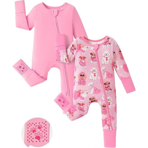 PATPAT Bamboo Viscose Baby Footie 2-Pack with Anti-Slip Grips, NB-2T