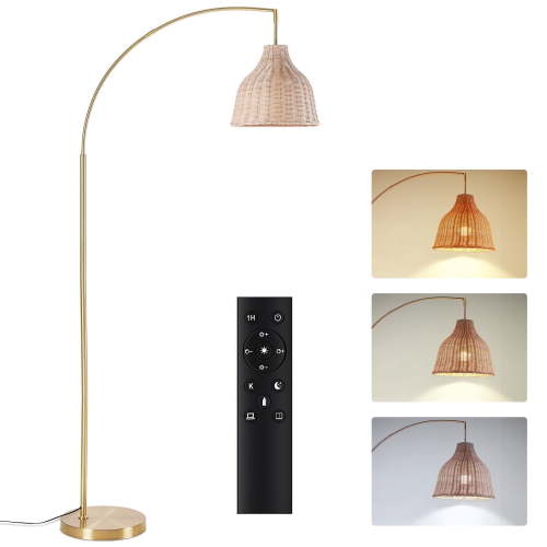 SUNMORY 72 inch Arched Rattan Floor Lamp, Fabric Retro Boho Farmhouse Rustic Standing Lamp for Living Room, Bedroom, Office, 12W & Foot Switch & Remote Control & 3 Color Temperature & Dimmable, Gold